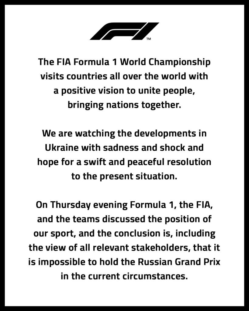 F1 comunicato cancellazione GP Russia