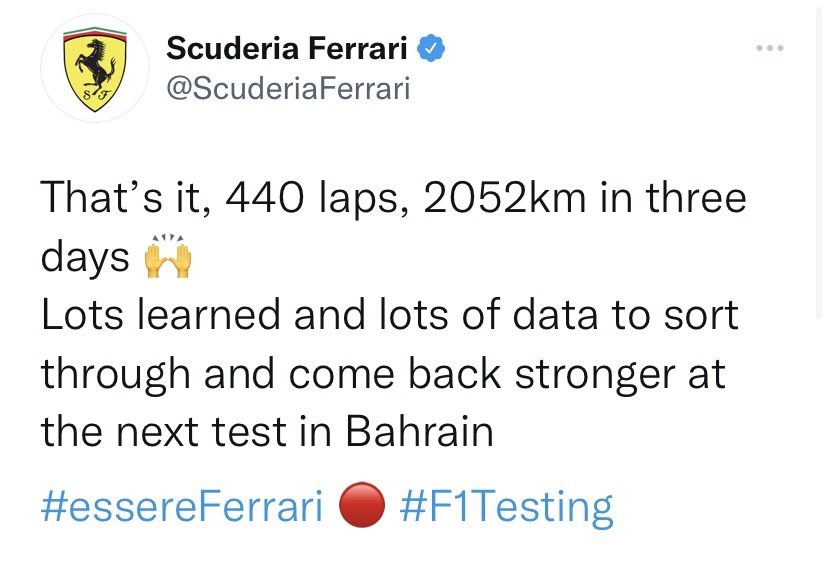 Tweet Ferrari test Barcellona F1-75