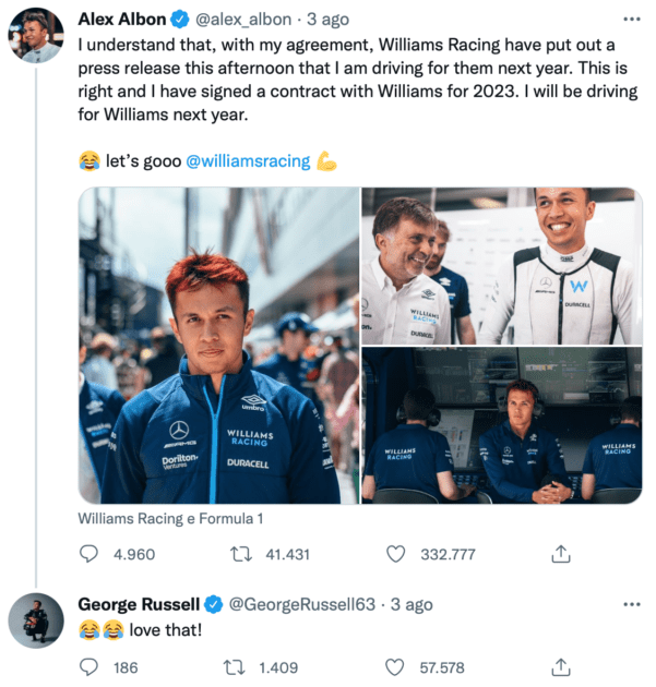 Interazione social tra Albon e Russell, piloti Formula 1