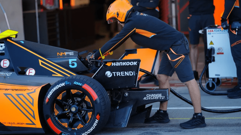 the new fast charging solution for the GEN3 cars during a live Formula E pit-lane in pre season testing in Valencia. Attack Cahrge will be introduced in 2024